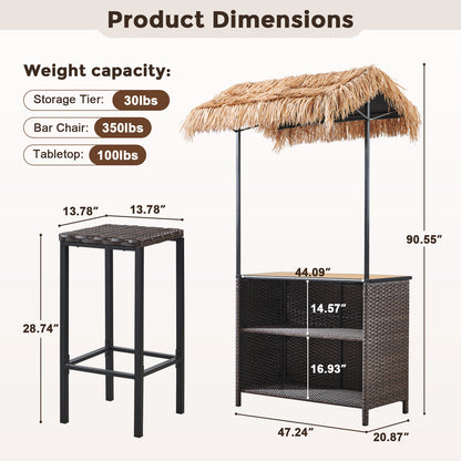 Belord 3-Piece Outdoor Tiki Bar Set, All-Weather Wicker Patio Bar with Palapa Canopy, Stools & Storage