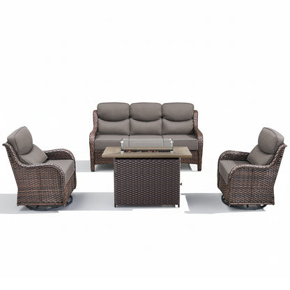 4PCS Outdoor Patio Fire Pit Set for Garden Parties, Rattan Sofa & Swivel Chairs with Rectangular Fire Table and Wind Glass, NT Series