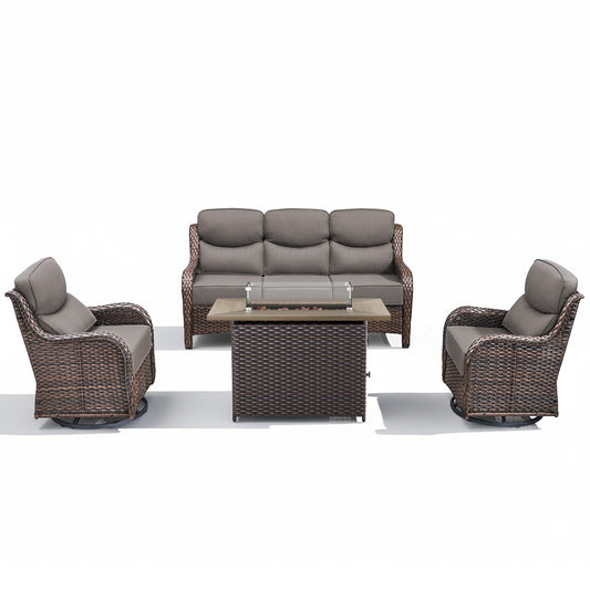 4PCS Outdoor Patio Fire Pit Set for Garden Parties, Rattan Sofa & Swivel Chairs with Rectangular Fire Table and Wind Glass, NT Series