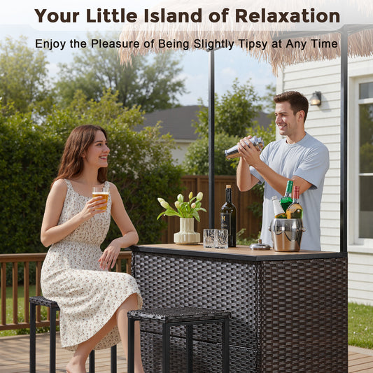 Belord 3-Piece Outdoor Tiki Bar Set, All-Weather Wicker Patio Bar with Palapa Canopy, Stools & Storage