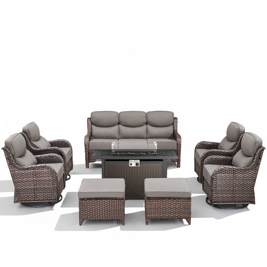 Garden Lounge Set 8PCS with Metal Rectangular Fire Pit Table – High Back Comfort, NT Series