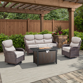 Belord 4-piece patio fire pit set with brown sofa, swivel chairs, and metal table, perfect for outdoor gathering and warmth.