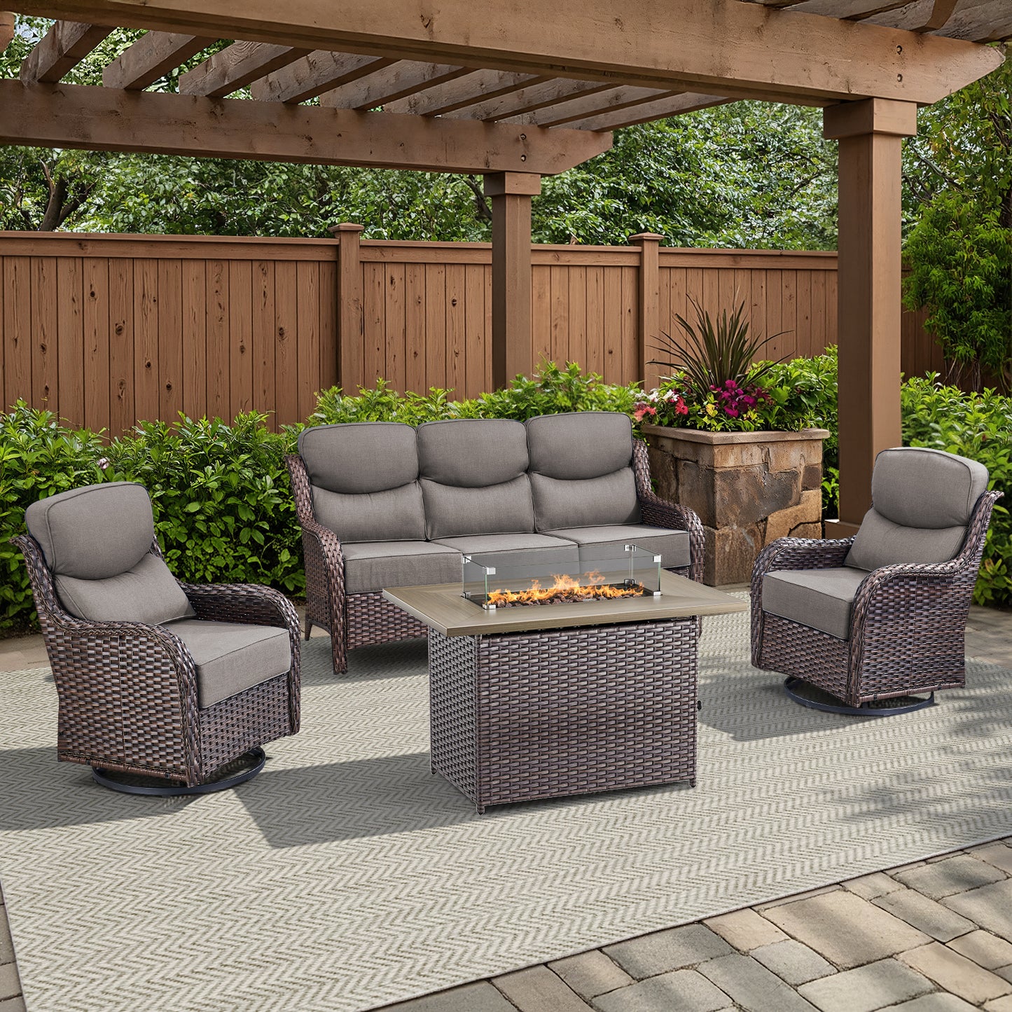 4PCS Outdoor Patio Fire Pit Set for Garden Parties, Rattan Sofa & Swivel Chairs with Rectangular Fire Table and Wind Glass, NT Series