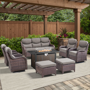 Belord 8-piece patio fire pit set with brown sofa, swivel chairs, and ottomans, featuring a stylish fire table for outdoor relaxation.