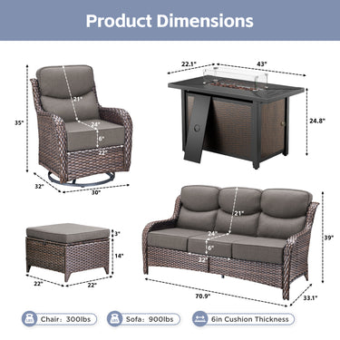 Belord 8-piece patio fire pit set with brown sofa, swivel chairs, and ottomans, perfect for outdoor lounging and entertaining.