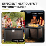 Belord 6-inch cushion patio fire pit set with high-back swivel chairs and rectangular fire table with wind guard, brown finish.