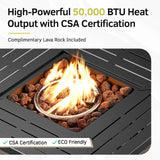 Belord 6-inch cushion patio fire pit set with high back swivel chairs and rectangular fire table with wind guard in brown.