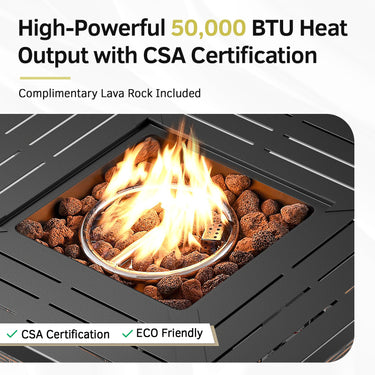 Belord 6-inch cushion patio fire pit set with high back swivel chairs and rectangular fire table with wind guard in brown.