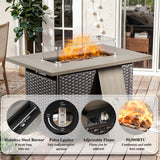 Brown wicker patio fire table set with high back swivel chairs and rectangular fire table with wind guard by Belord.