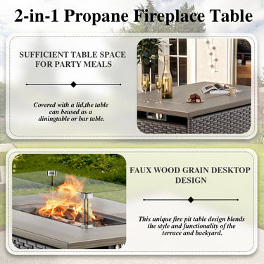 Brown wicker patio fire pit set with high back swivel chairs and rectangular fire table with wind guard, perfect for outdoor gatherings.