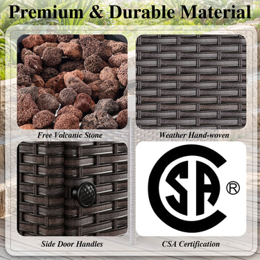 Belord 6-inch cushion patio fire pit set with brown wicker high-back swivel chairs and rectangular fire table with wind guard