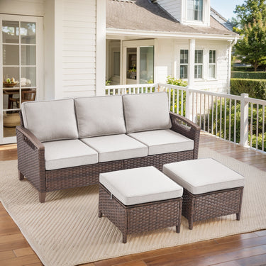 BBR Series 3-Piece Patio Set: 1 Sofa + 2 Ottomans - PE Wicker with Thick Cushions - Belord