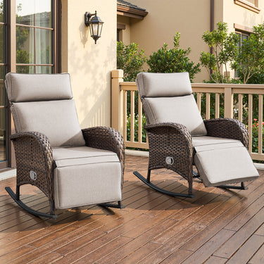 Premium 2-Piece Wicker Rocking Recliner Chair with Adjustable Backrest & Footrest, Cushioned PE Rattan Patio Lounge Chair, NDS Series - Belord