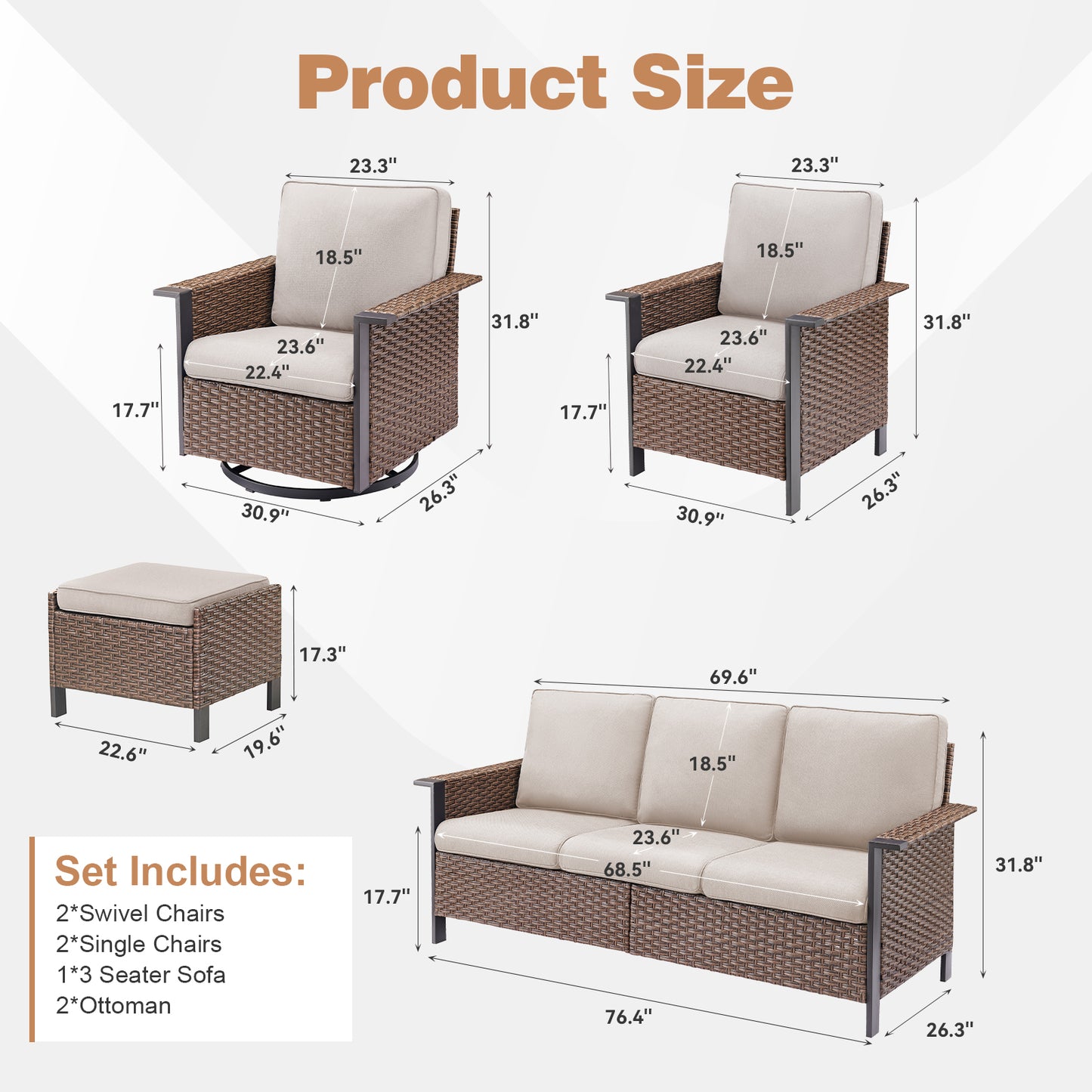 7-Piece All-Weather Wicker Patio Furniture Set: 1 Sofa, 2 Swivel Chairs, 2 Patio Chairs, 2 Ottomans, WNG Series