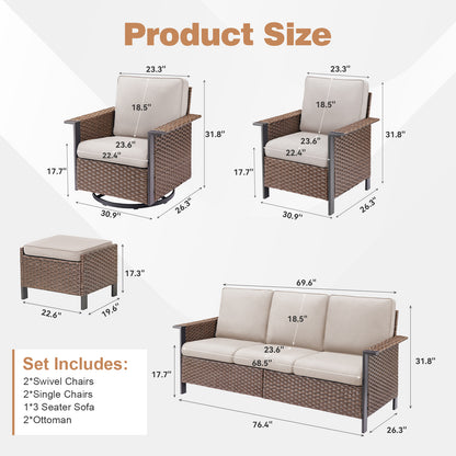 7-Piece All-Weather Wicker Patio Furniture Set: 1 Sofa, 2 Swivel Chairs, 2 Patio Chairs, 2 Ottomans, WNG Series