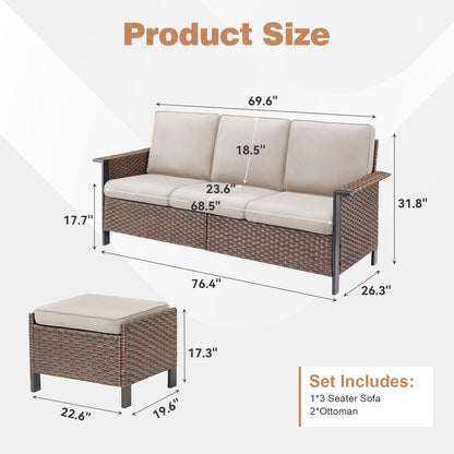 All-Weather Rattan Patio Sofa Set (3 PCS) — High-Back 3-Seater Deep Seat Couch with Ottomans, WNG Series