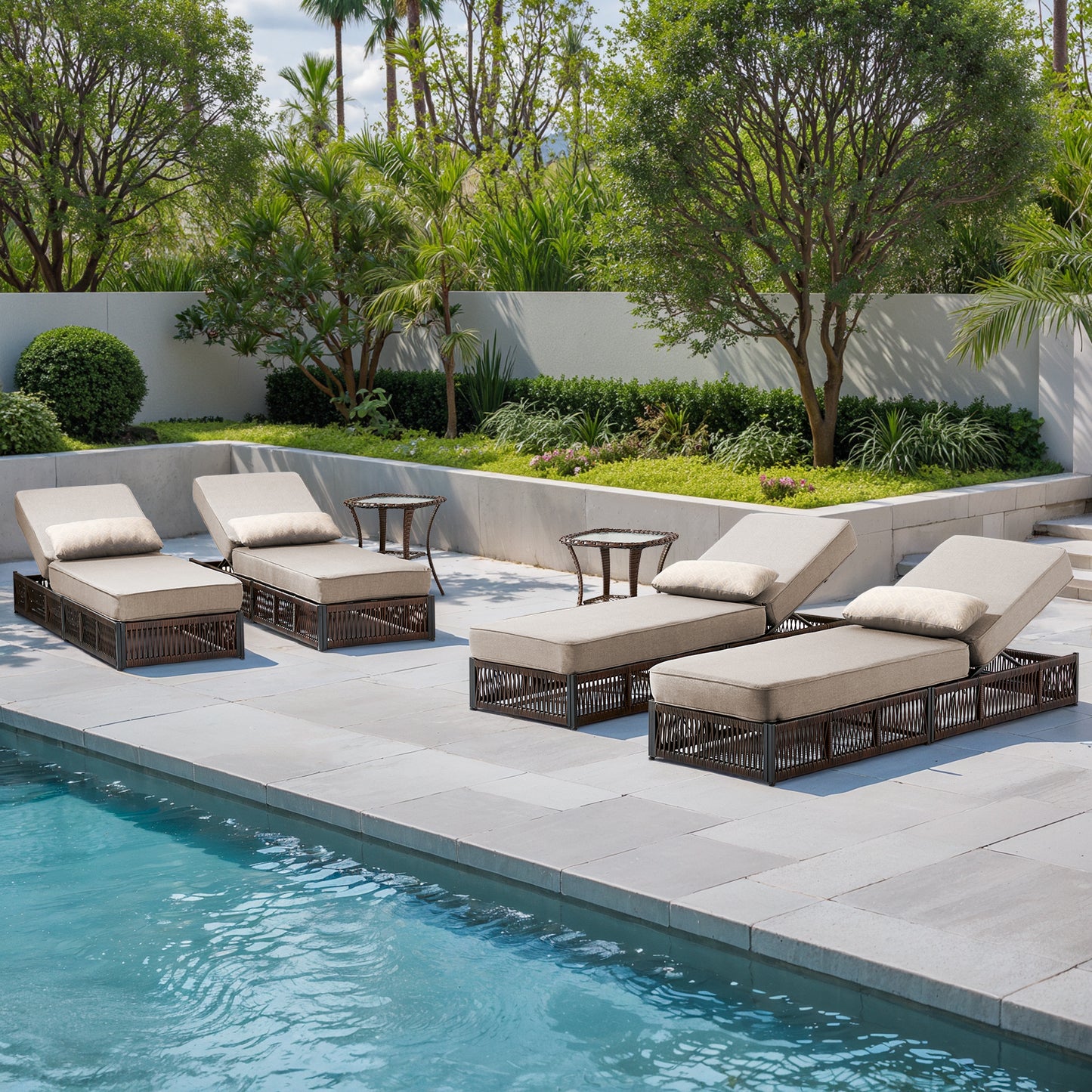 6-Piece Wicker Patio Lounge Set – 4 Adjustable 76.8" Chaise Lounges with 5-Inch Cushions + 2 Side Tables, NTC Series