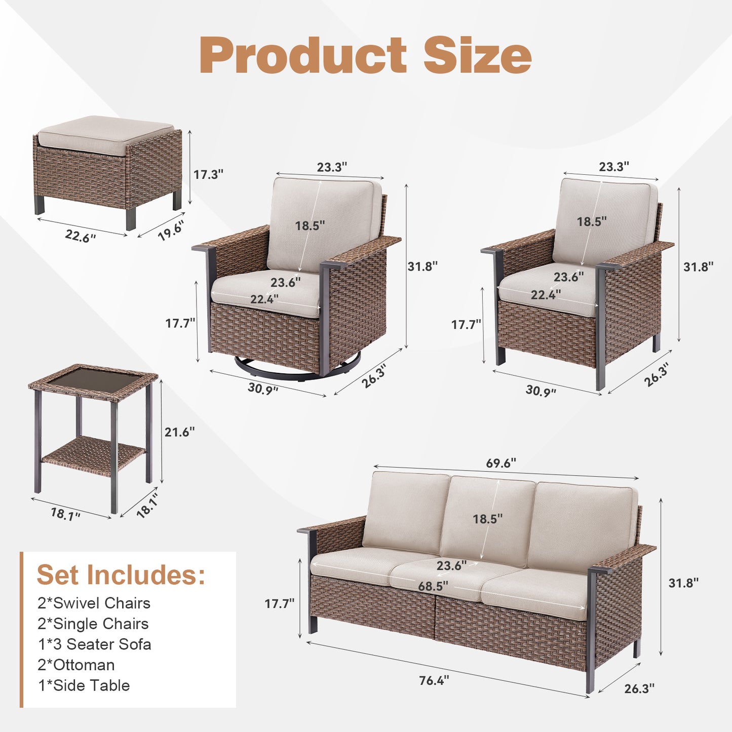 8-Piece Patio Set with Swivel Chairs: All-Weather Wicker 3-Seater Sofa, 2 Ottomans & Rattan Side Table, WNG Series