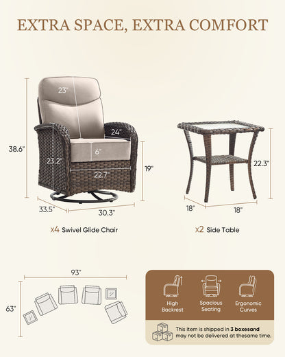 Luxury 6-Piece Swivel Patio Chair Set – High-Back Support, 6" Cushions & Side Tables for Backyard Entertaining, ND Series - Belord