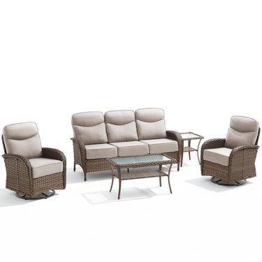 Elegant 5-Piece Outdoor Conversation Set – Sofa & Swivel Rockers with Coffee Table, All-Weather Wicker for Patio Parties, ND Series - Belord