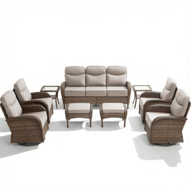 9-Piece Outdoor Conversation Set – Heavy-Duty Swivel Rockers, Waterproof Wicker for Large Deck Spaces, ND Series - Belord