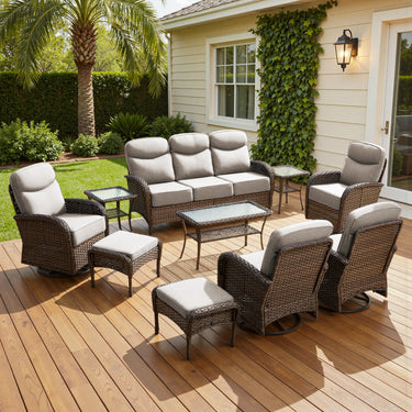 Luxury 10-Piece Patio Set – Sofa & Swivel Chairs with Ottomans, Hand-Woven All-Weather Wicker for Backyard Hosting, ND Series - Belord