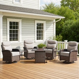 Premium 7-Piece Patio Swivel Chair Set with Square Wicker Fire Pit Table – Cozy Garden Lounge Style, ND Series - Belord