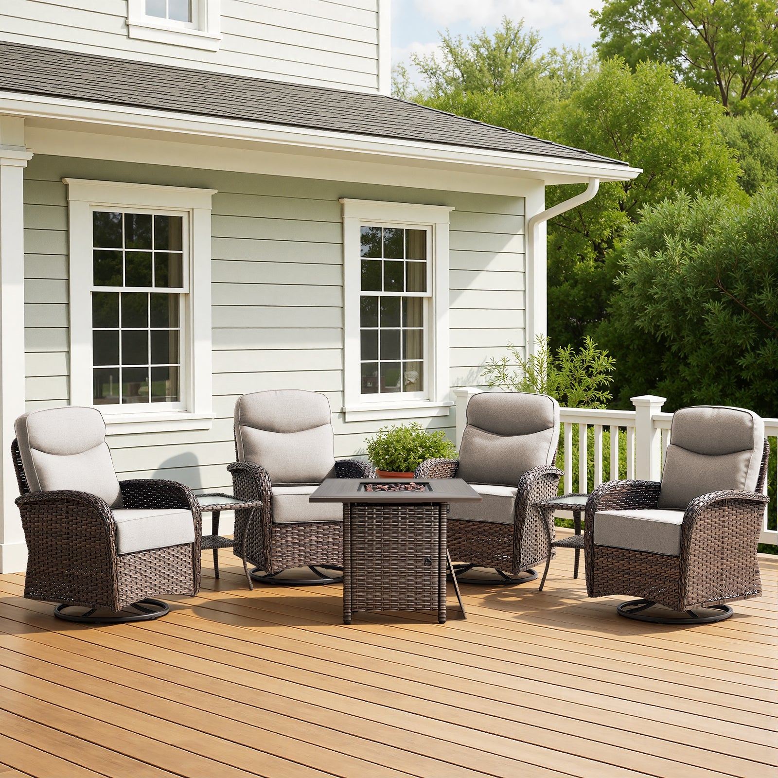 Premium 7-Piece Patio Swivel Chair Set with Square Wicker Fire Pit Table – Cozy Garden Lounge Style, ND Series - Belord