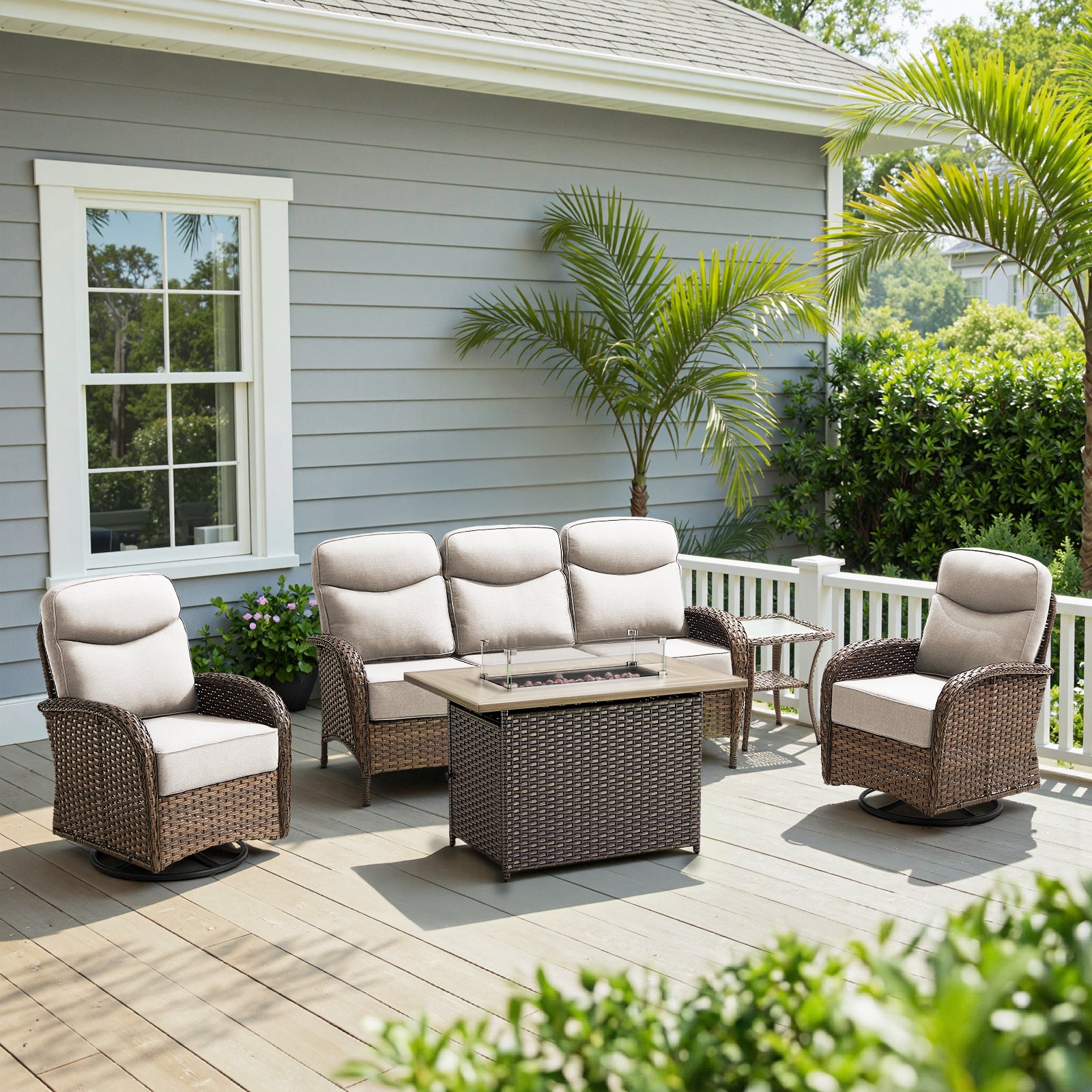 Luxury 5-Piece Rattan Patio Furniture Set with Wicker Fire Pit Table – 6" Cushions for Garden & Backyard Living, ND Series - Belord