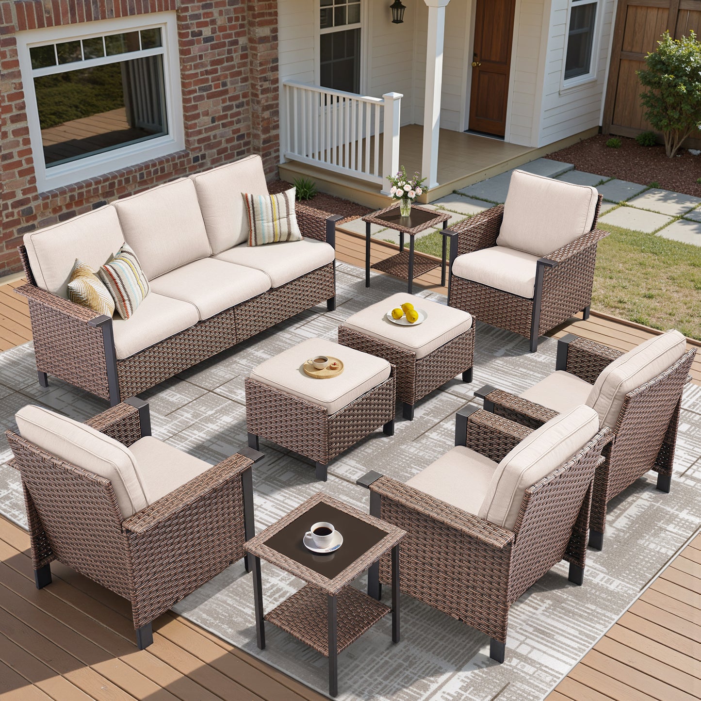 Expansive 9-Piece Conversation Group — Sofa, Quad Seating, Double Ottomans & Garden Accent Tables, WNG Series