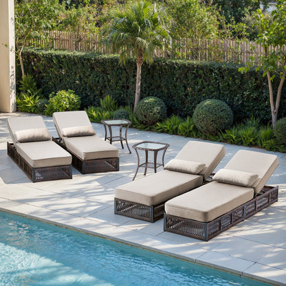 6-Piece Wicker Patio Lounge Set – 4 Adjustable 76.8" Chaise Lounges with 5-Inch Cushions + 2 Side Tables, NTC Series