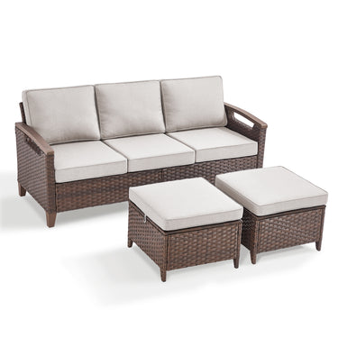 BBR Series 3-Piece Patio Set: 1 Sofa + 2 Ottomans - PE Wicker with Thick Cushions - Belord