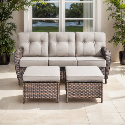 T Series 3-Piece Patio Set: 1 T-Back Sofa + 2 Ottomans – All-Weather PE Wicker with 5" Thick Cushions