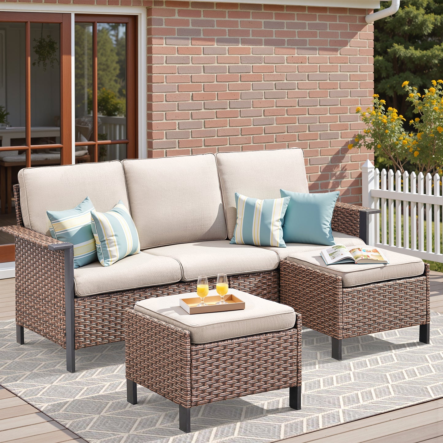 All-Weather Rattan Patio Sofa Set (3 PCS) — High-Back 3-Seater Deep Seat Couch with Ottomans, WNG Series