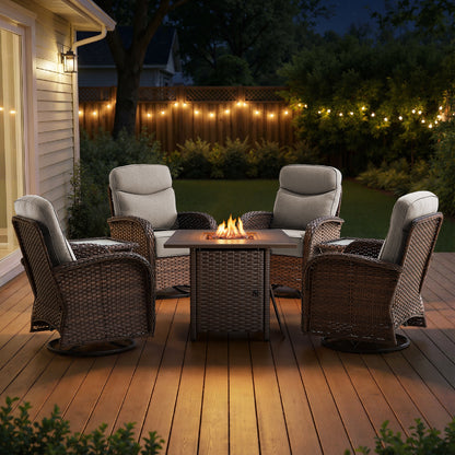 Premium 7-Piece Patio Swivel Chair Set with Square Wicker Fire Pit Table – Cozy Garden Lounge Style, ND Series - Belord