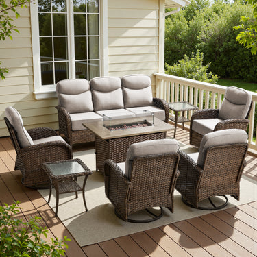 Luxury 8-Piece Rattan Patio Set with Wicker Fire Pit Table – Deep Cushion Comfort for Garden Evenings, ND Series - Belord