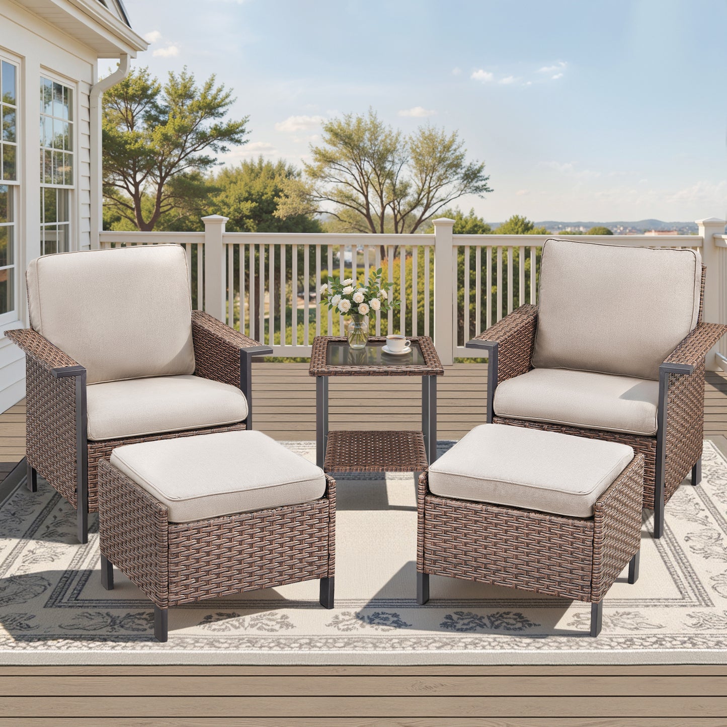 5-Piece Patio Set: 2 High-Back Wicker Patio Chairs, 2 Ottomans & 1 Glass Side Table, WNG Series