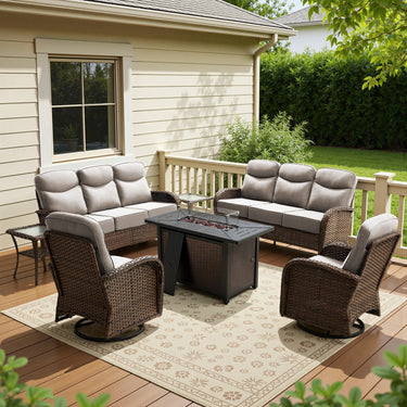 Modern 7-Piece Patio Conversation Set with Rectangular Fire Pit Table – All-Weather Wicker & High Back Comfort, ND Series - Belord