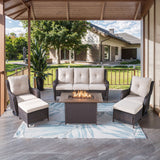 Belord 6-piece wicker patio set with beige cushions, fire pit table, and swivel chairs for outdoor conversation and relaxation.
