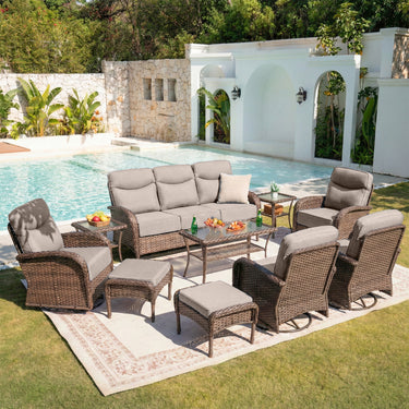 Luxury 10-Piece Patio Set – Sofa & Swivel Chairs with Ottomans, Hand-Woven All-Weather Wicker for Backyard Hosting, ND Series - Belord