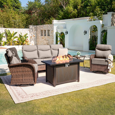 Premium 5-Piece Wicker Patio Set with Rectangular Metal Fire Pit Table – High Back Swivel Seating for Patio & Deck, ND Series - Belord