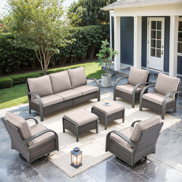Patio Conversation Set 7-Piece with 1 Sofa, 2 Swivel Glider Chairs, 2 Patio Chairs, 2 Ottoman, HW Series - Belord