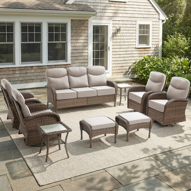9-Piece Outdoor Conversation Set – Heavy-Duty Swivel Rockers, Waterproof Wicker for Large Deck Spaces, ND Series - Belord