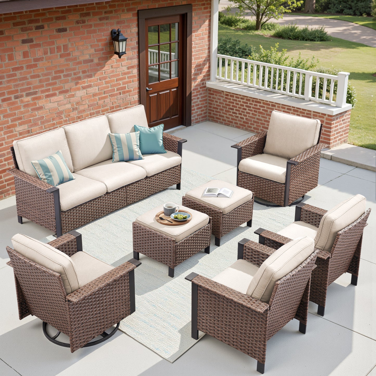 7-Piece All-Weather Wicker Patio Furniture Set: 1 Sofa, 2 Swivel Chairs, 2 Patio Chairs, 2 Ottomans, WNG Series