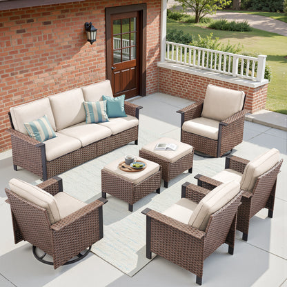 7-Piece All-Weather Wicker Patio Furniture Set: 1 Sofa, 2 Swivel Chairs, 2 Patio Chairs, 2 Ottomans, WNG Series