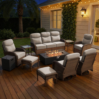 Luxury 10-Piece Patio Lounge Set with Split Fire Pit Table & Ottomans – Ultimate Outdoor Comfort, ND Series - Belord
