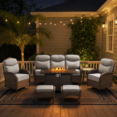 Luxury 7-Piece Patio Lounge Set with Metal Fire Pit Table & Ottomans – Deep Cushion Comfort for Deck Evenings, ND Series - Belord