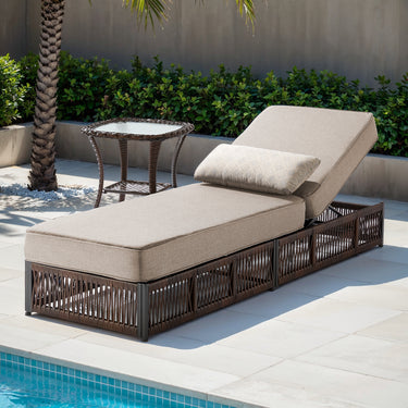 Belord patio lounge chaise with beige cushion, brown wicker frame, side table, part of Solo Relaxation Set, NTC Series.