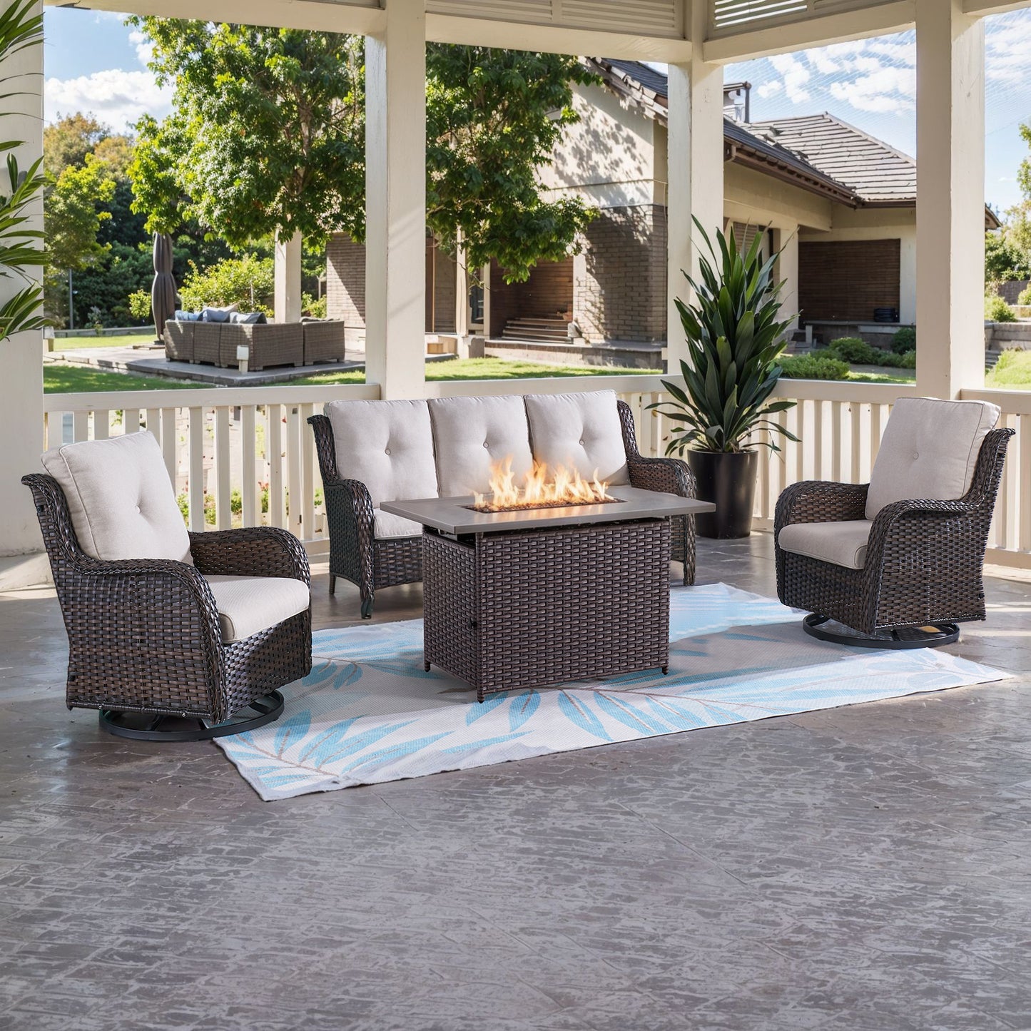 4-Piece Outdoor Conversation Set with Rectangular Fire Table, Sofa & Swivel Chairs, NTC Series