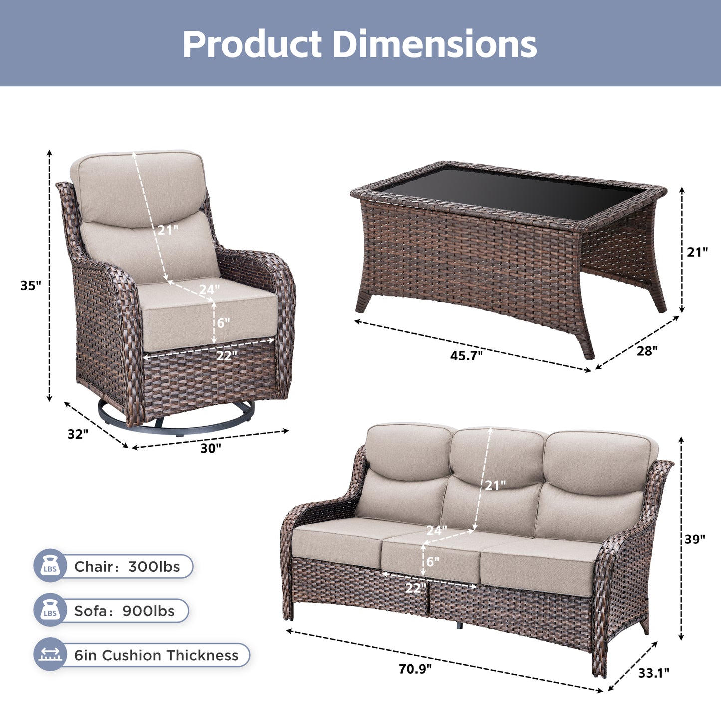Premium 4PCS Patio Conversation Set for Backyard & Deck, Hand-Woven Rattan Sofa, Swivel Chairs & Coffee Table with 6" Cushions, NT Series